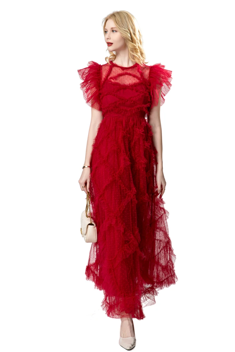 Vestidos femininos o pescoço babados mangas alargamento em camadas elegante designer de moda maxi festa baile vestidos