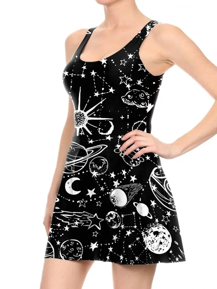 [You're My Secret] Dark Black Lady Tank Dress Galaxy Moon Star Printed Pleated Dresses O-neck Sleeveless Skinny Outfits Summer