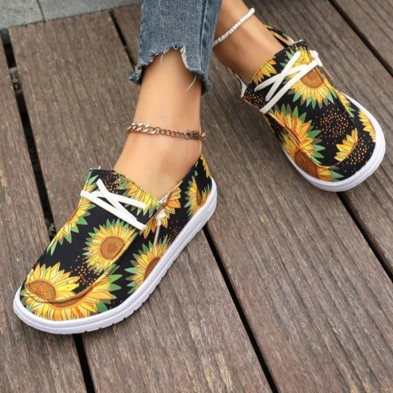 Zapatillas deportivas con estampado de girasoles para mujer, zapatos informales con plataforma, transpirables, planos, verano, 2024