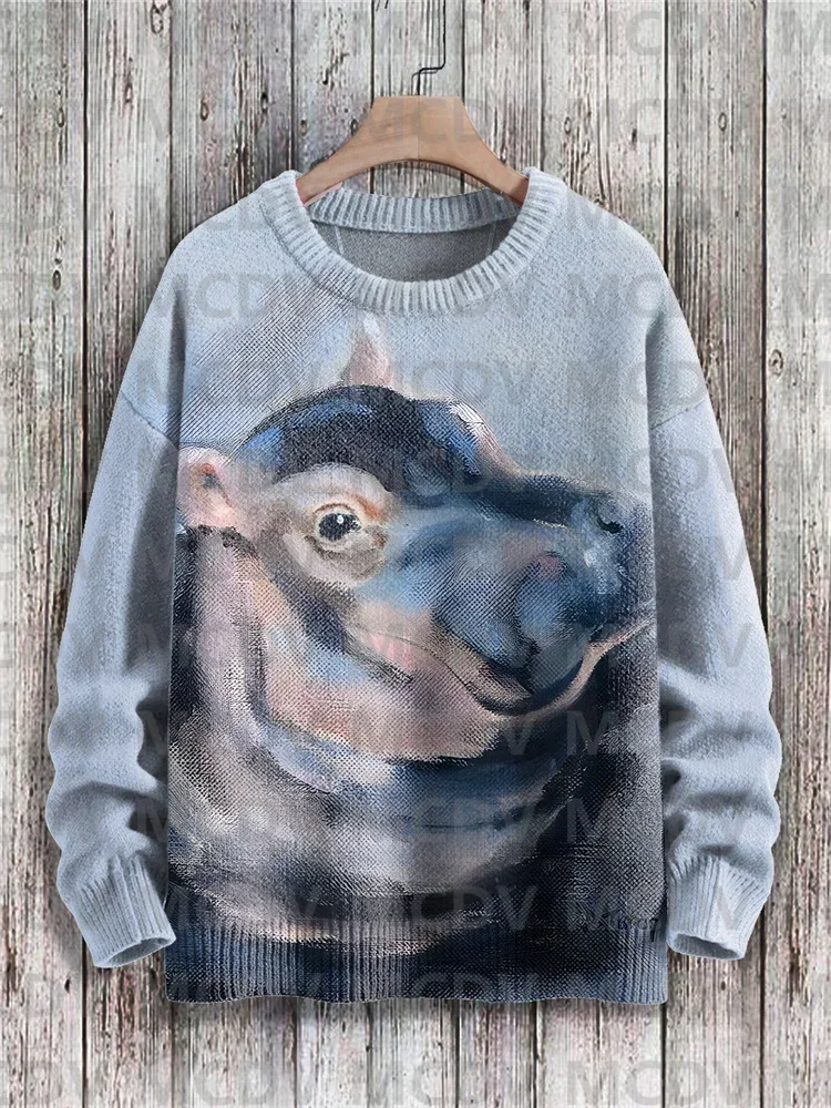 Hippopotamus Sweater Pullover rajut pria wanita, seni cat air lucu cetak, Pullover rajut pria dan wanita