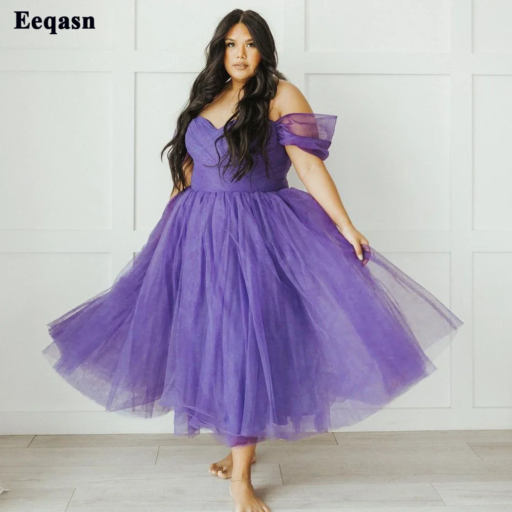 

Eeqasn New Plus Size Purple Midi Prom Dresses Pleats Tulle Formal Evening Dress A Line Off The Shoulder Prom Party Gowns 2022