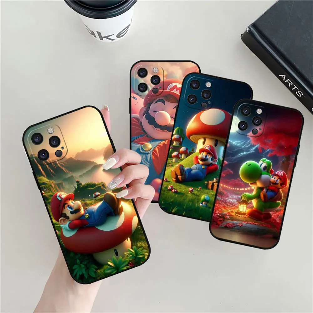 Cartoon Super M-Mario Bros Phone Case For iPhone 16 15 14 13 12 11 Pro Max Plus Mini Funda Apple 16 ProMax Black Silicone Cover