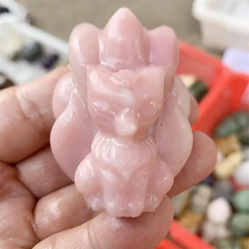 

Natural Pink Opal Fox Fairy Carving Healing Gemstone Animal Figurines Reiki Stone Lucky Decoration Gift 1pcs