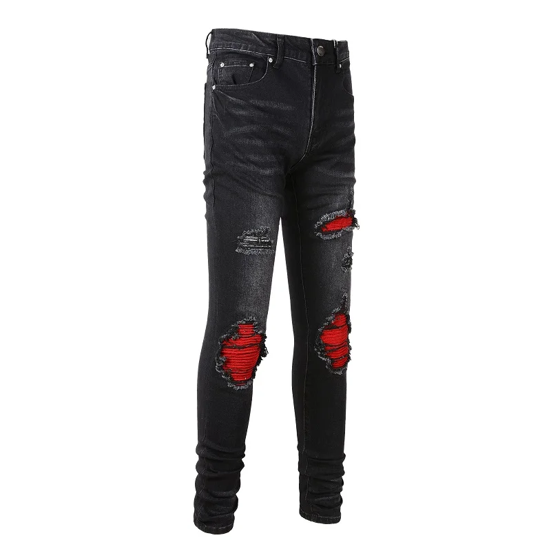 Men's Distressed High Streetwear Stretch Skinny Red Ribs Patches Holes Repaired Black Ripped Jeans Men