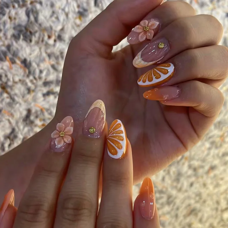 

24Pcs 3D Orange Flower French Nails Set Press on Summer Mid-length Almond False Nails Shell Wearable Full Cover Fake Nails Tips