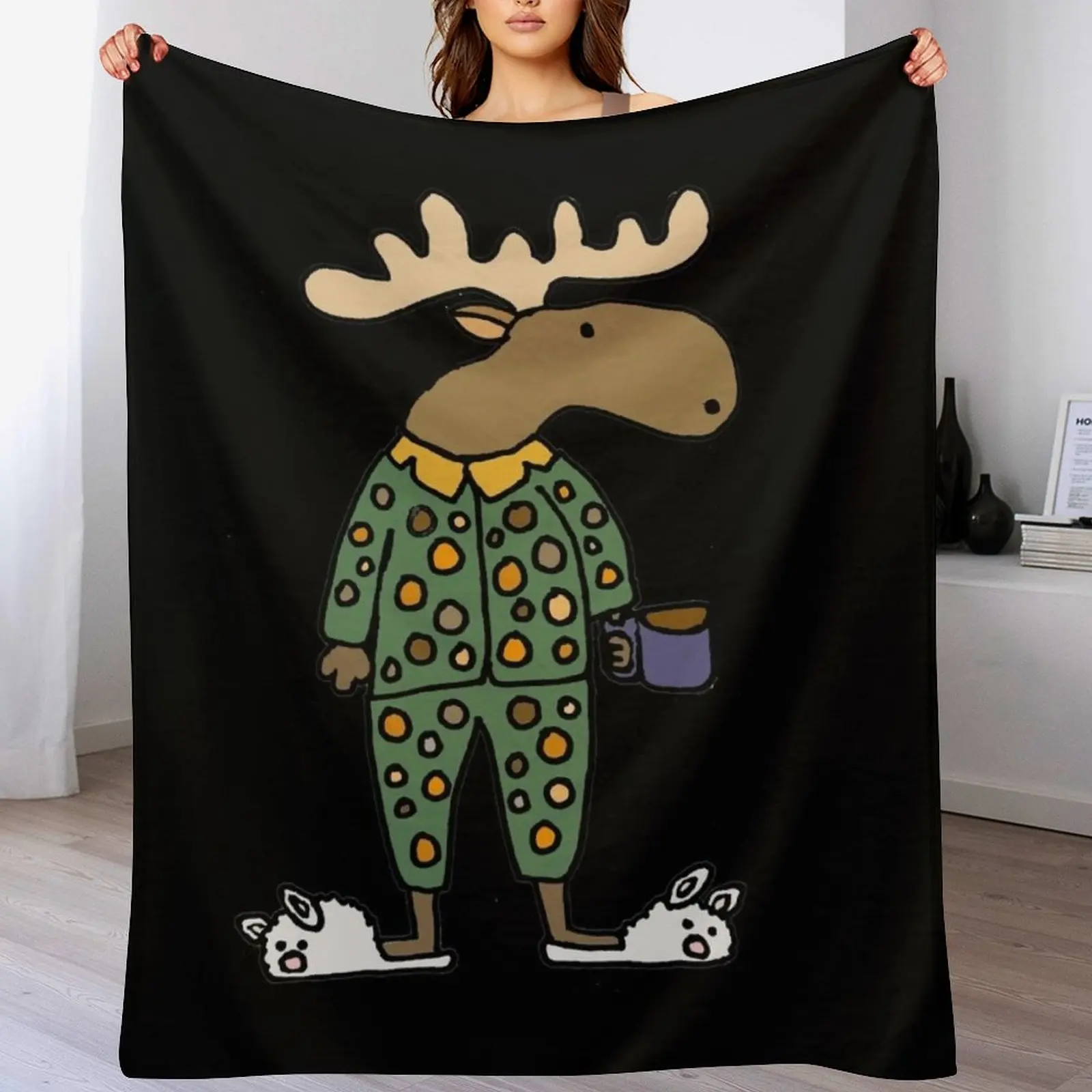 Funny moose wearing Pajamas and Bunny Slippers Throw Blanket