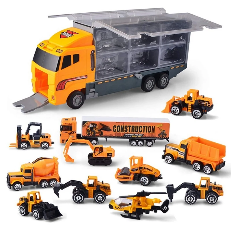 12Pcs/Set Mini Diecast Alloy Car 2In1 Model Engineering Toy Vehicles Carrier Truck With Ejection & Carry Function Xmas Gift