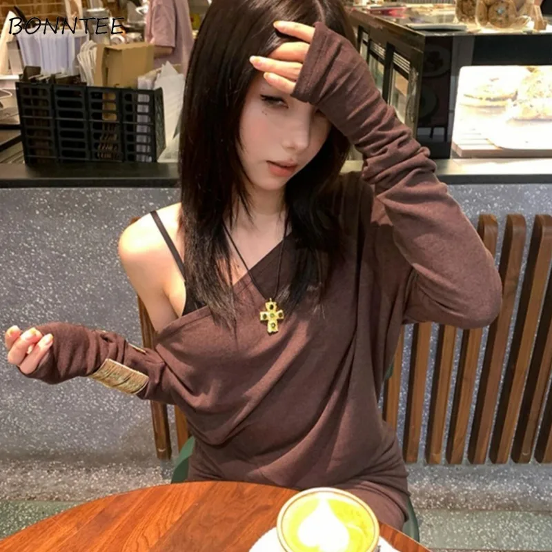 

Женское повседневное мини-платье с глубоким вырезом, открытыми плечами, облегающее, с плиссировкой, универсальное, с высокой талией, длинным рукавом, в корейском стиле