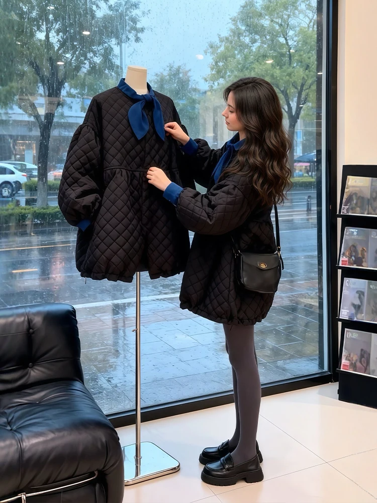 

Blue irt And Bla Diamond Pattern down Cotton Jaet Women's Winter Faion Set Large Size PP Cotton Warm Long Sve Butt...