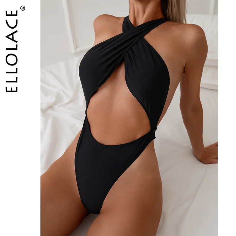 

Ellolace Sexy Women's Swimsuit 2025 Elegant Cropped Halter High Waist Girls' Sets Cross Strap Padded Slim One Piece Beachwear