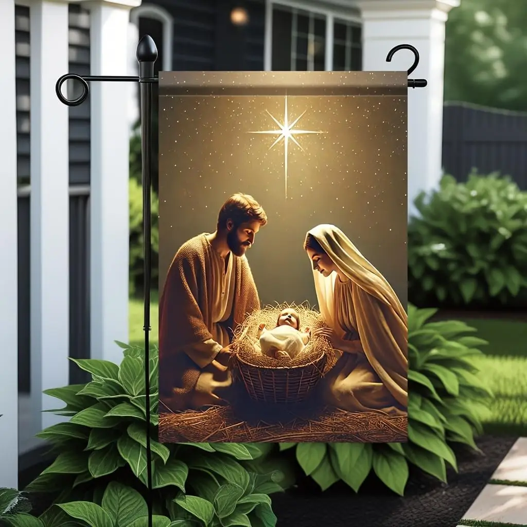 Christmas Garden Flag Nativity Scene Holy Family Baby Jesus 12x18 Inch Double SidedOutdoor Yard Banner for Religious Holiday EEZ