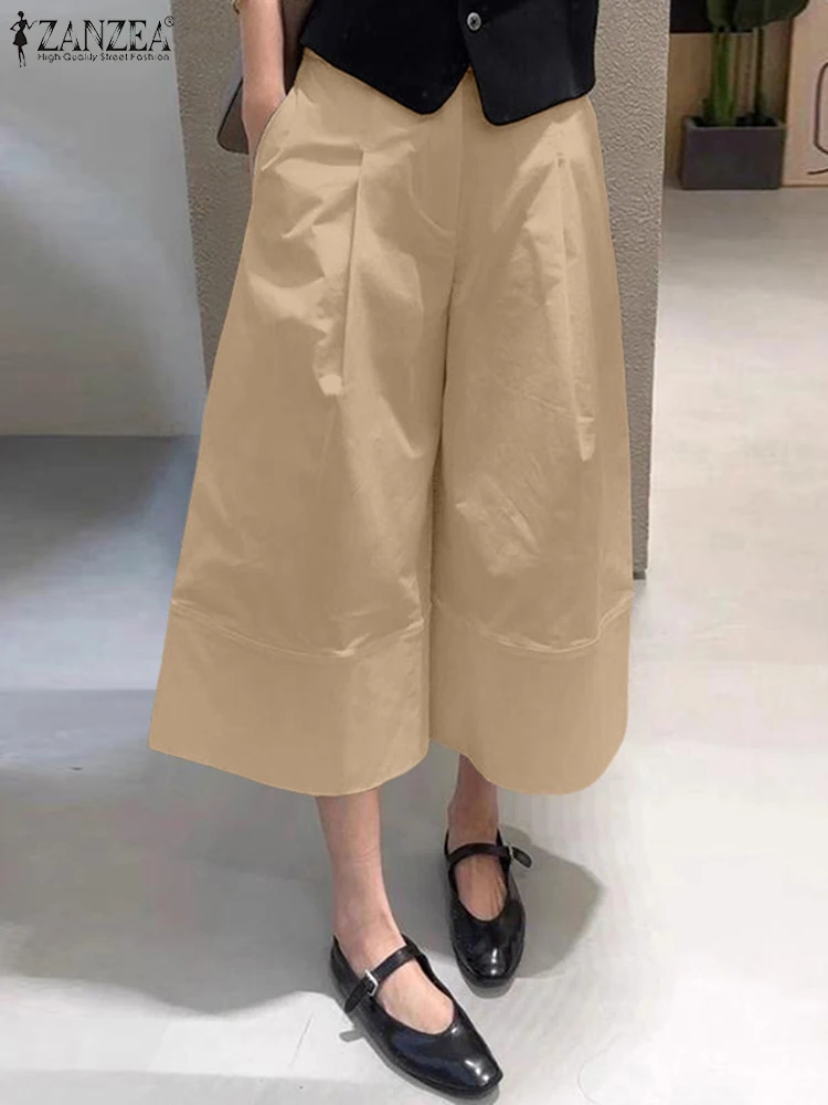 ZANZEA Women Casual Calf-Length Pants Elastic Back Waist Solid Color Wide-Leg Cropped Pant Loose Cozy Woman Bottoms Fall 2025 - Image 2