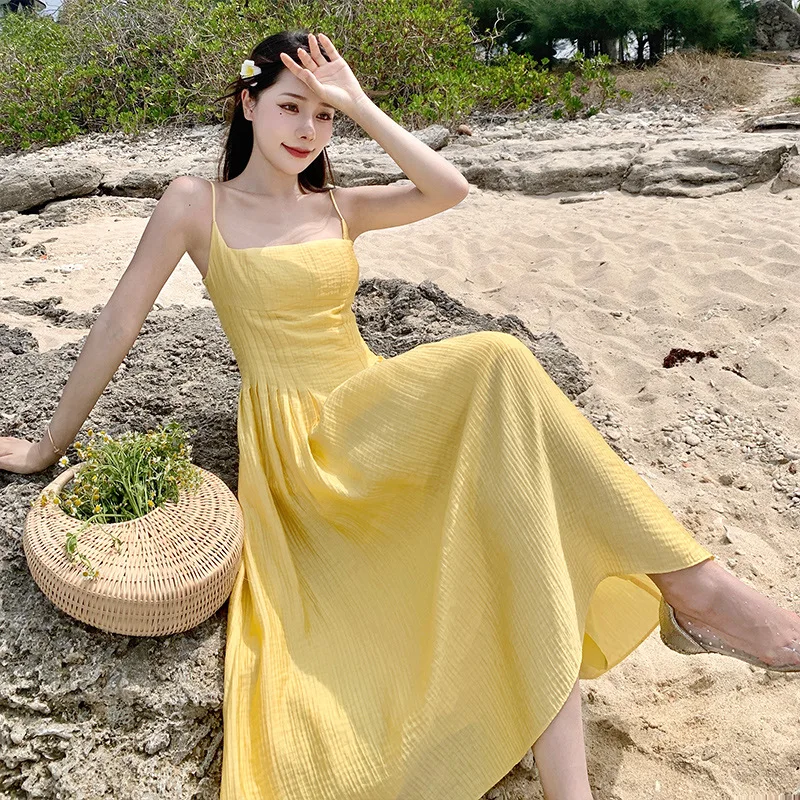 

Retro Yellow High Waist Strappy Dress Summer New Beach Vacation Gentle Sexy Women's Long Skirt Korean Style Hollow Design Dress