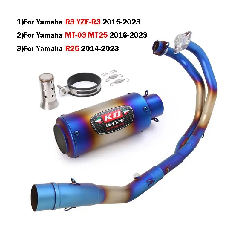 For Yamaha R3 YZF-R3 R25 MT-03 MT25 2016-2023 Slip On Motorcycle Exhaust System Blue Front Mid Link Pipe Muffler Silencer Tube