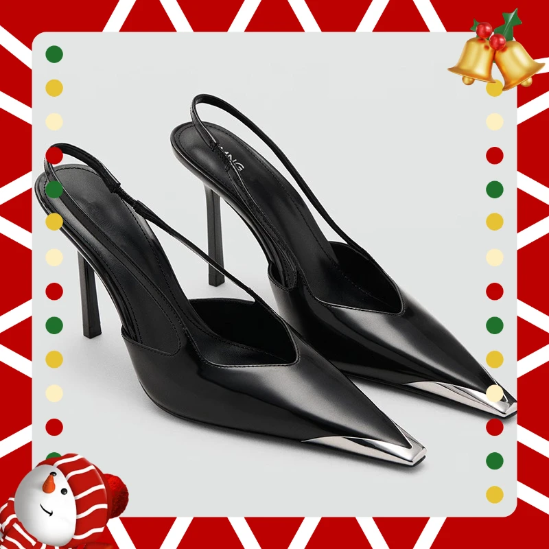 

Sandals 2026 autumn new metal head single women's black sexy versatile light mouth pointed stiletto muller shoes