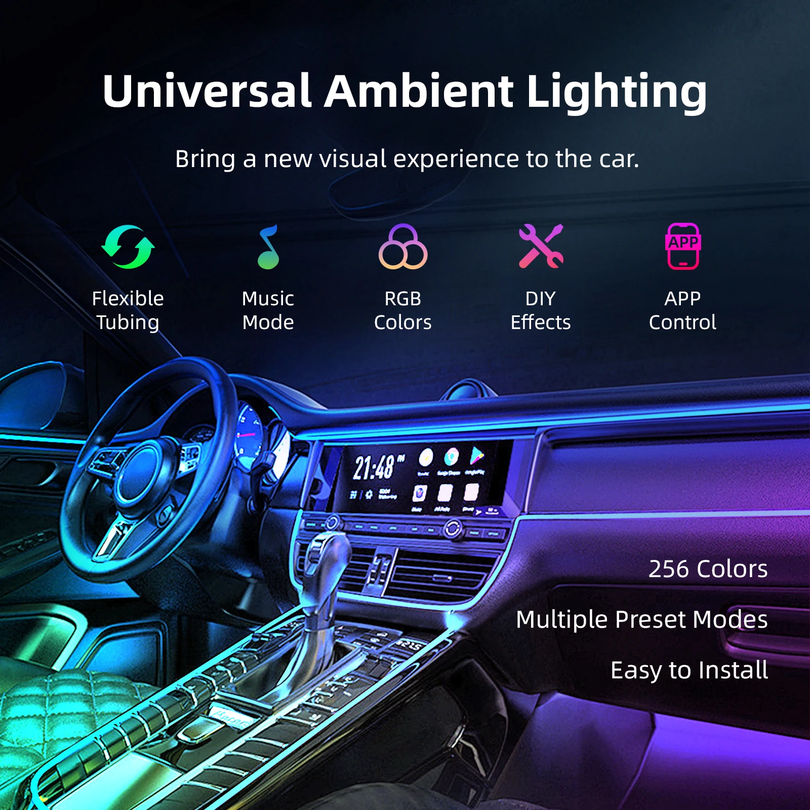プレミアム車内雰囲気照明キット-256色rgb-ledストリップ-ワイヤレスアプリ制御-音楽同期モード-全車種対応