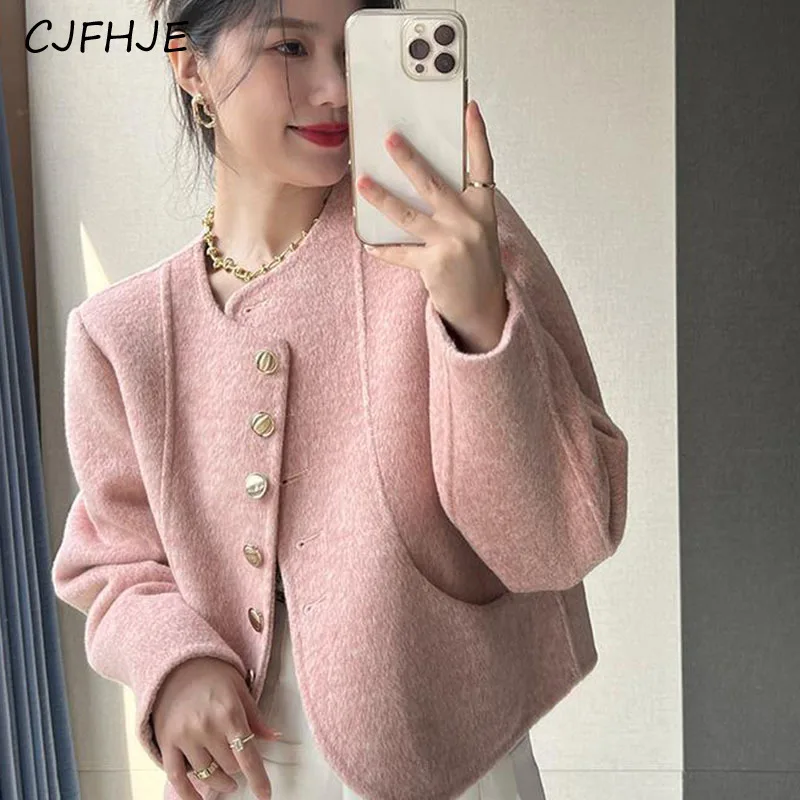 CJFHJE Pink Faux Woolen Coat Women Korean Fashion Designed Button Loose Cropped Tops Female Casual Streetwear Blended Jacket New