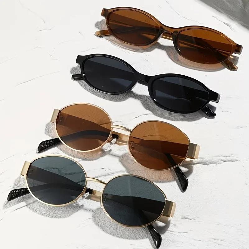 

4 пары модных очков в овальной золотой металлической оправе в стиле ретро, подходящих для повседневных поездок и уличных стилей.