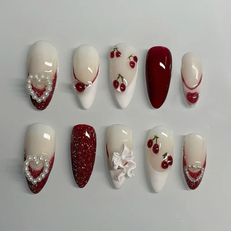 

24PCS Sweet Retro Red French Press on Nail 3D Bowknot Pearl with Cherry Decor Almond Fake Nails for Women Wearable Nail Manicure