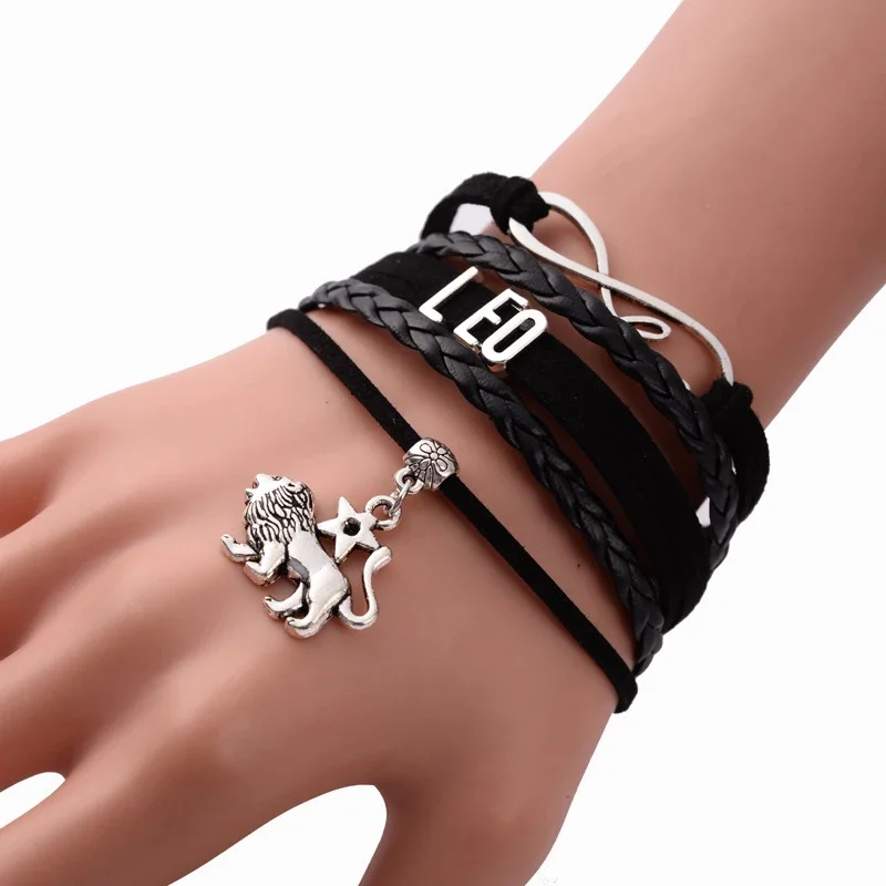

Hotest 12 Constellation Black Hand Braided PU Leather Bracelet Cancer Leo Virgo Libra Woven Jewelry Punk Men Pendant Bracelet