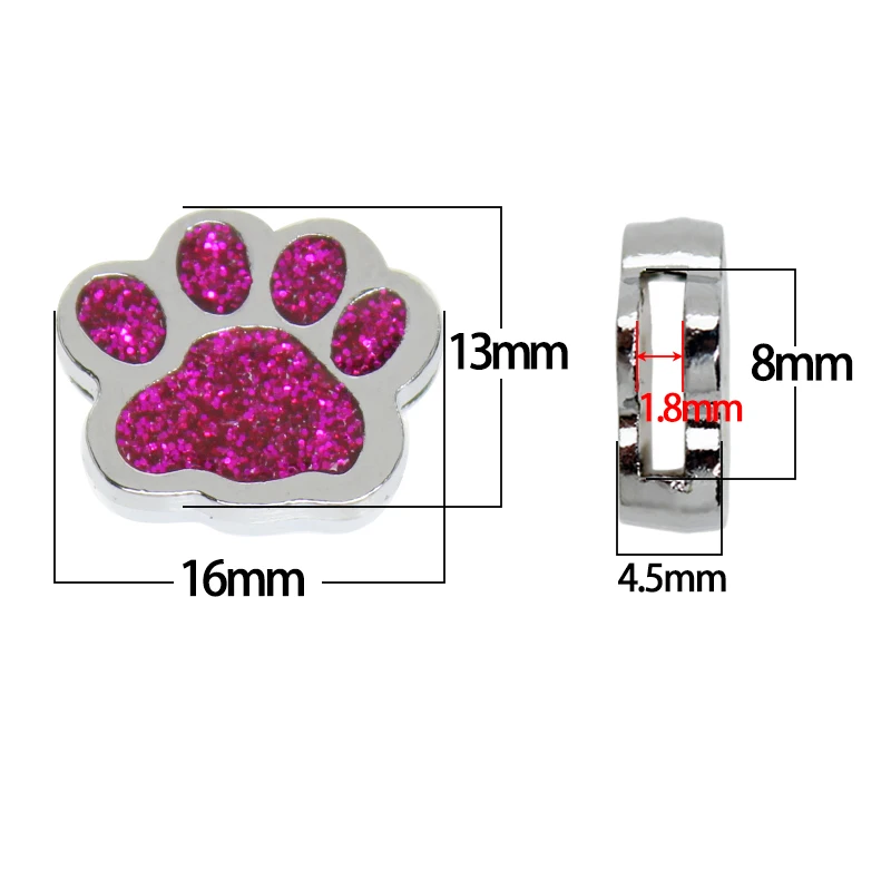 10PC/lot Hole 8MM Paw Slide Charm Glitter Footprint diy charms Fit For Bracelet wristband pet collars Jewelrys Making