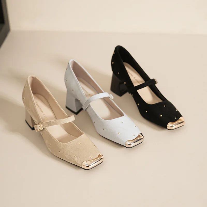 Women Mary Jane Pumps Square Toe Mid Block Heel Rhinestone Buckle Strap Elegant Party Wedding Dress Shoes
