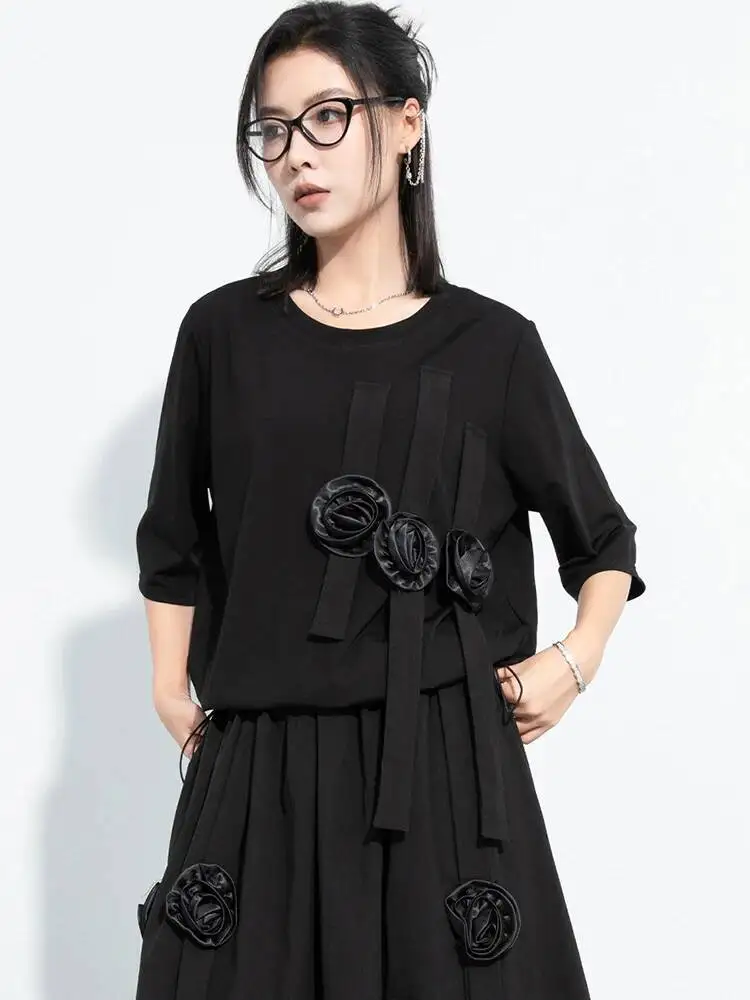 

Женская повседневная футболка большого размера с черными цветочными лентами, новая модная футболка с круглым вырезом и коротким рукавом, весна-лето