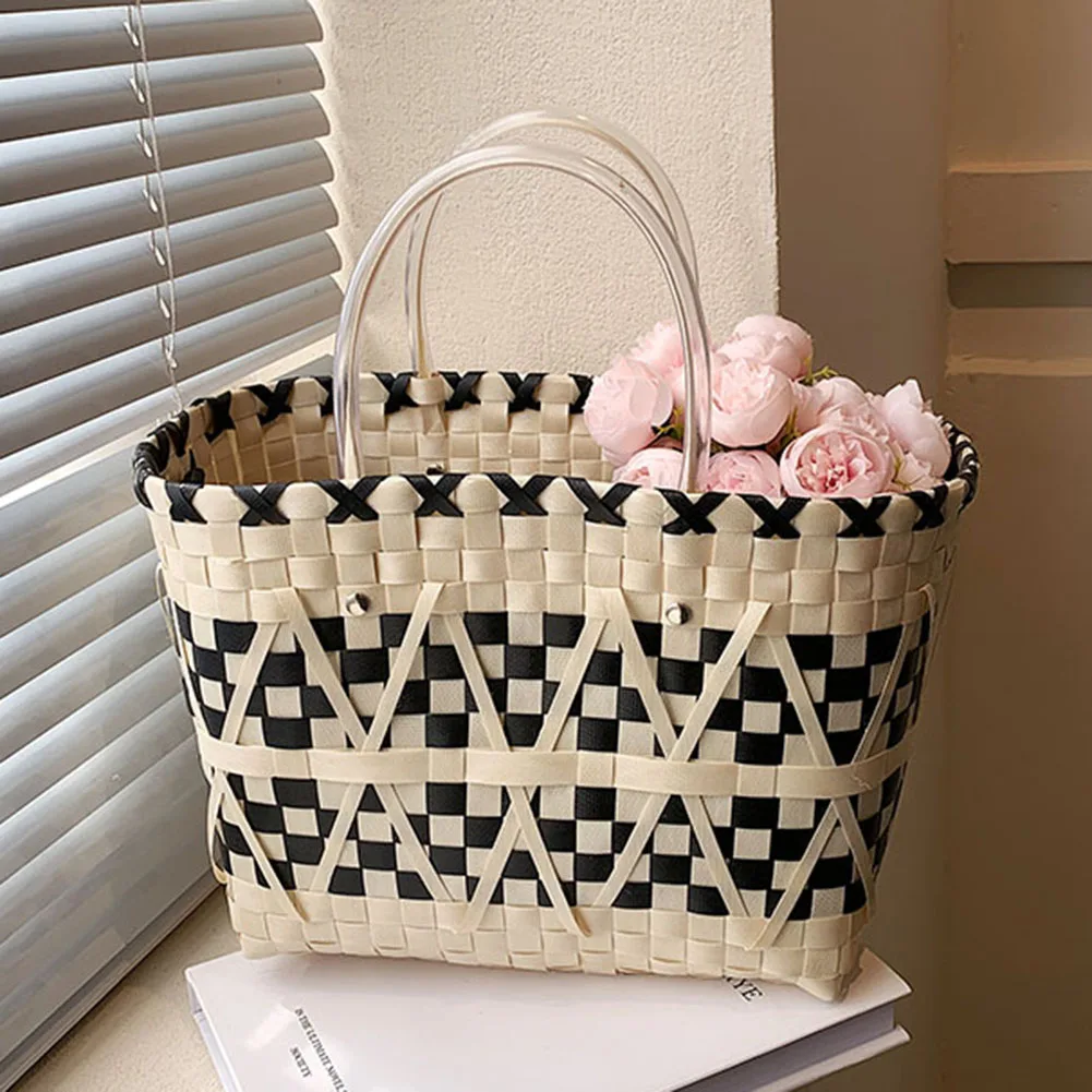 Women Female Totes Large Summer Shopping Bags Handmade Weave Bucket Big Big Capacity PVC Weaving Tote Beach Top Handle Bags