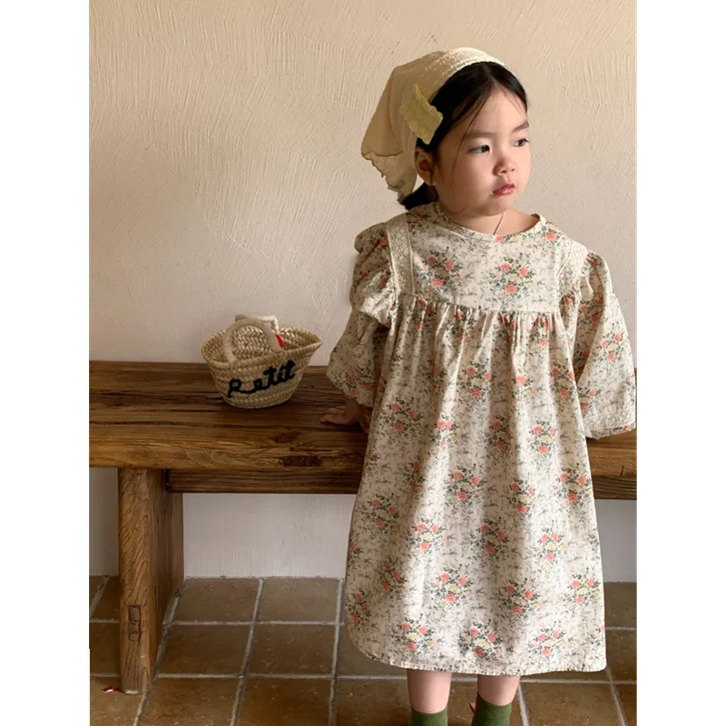 

Girl Kid's Flower Dress Autumn Children Vintage Floral Printed Cotton Outfits Dresses Infants Boutique Design Frocks Girls 2023