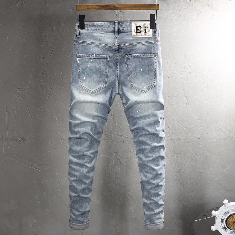 High Street Fashion Men Jeans Retro Light Blue Stretch Skinny Fit Ripped Jeans Men Patched Designer Vintage Denim Pants Hombre