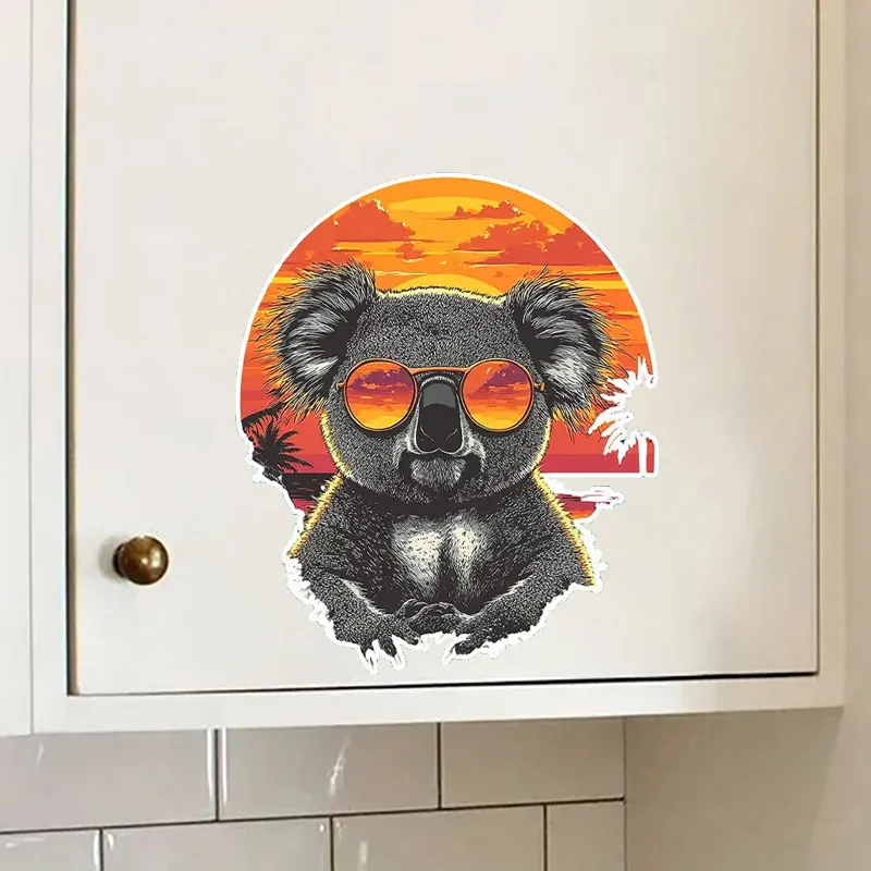 Whimsical Koala with Glasses & Sunset Design, Reusable PVC Sticker for Kitchen & Living Room Decor