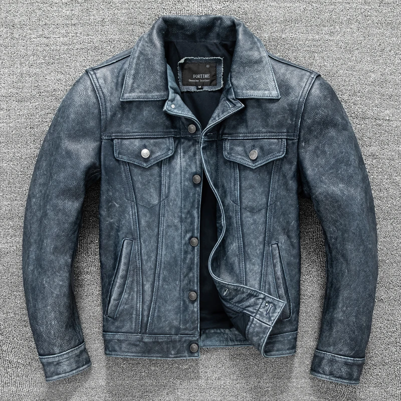 

Men's Motorcycle Leather Jacket Light Blue Ami Khaki Retro Graphite Distressed Denim Genuine Leather Jacket Slim Short Jacket