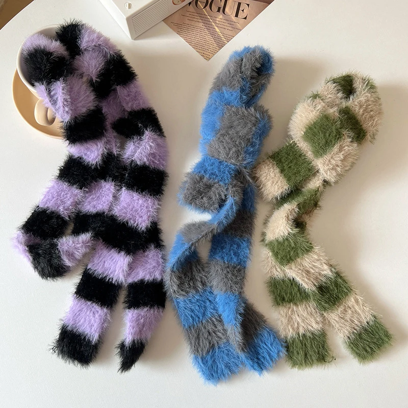 Y2K Fashion Striped Plush Scarf Women\'s Niche Design Sense Spice Girl Versatile Decoration Korean Version Narrow Small Scarf