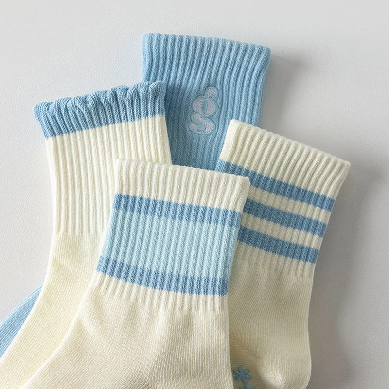 Sky blue series wave edge Stripes patterns Yoga Pilates socks for women Non-slip floor sports Calf socks Fashion all-match trend image 5