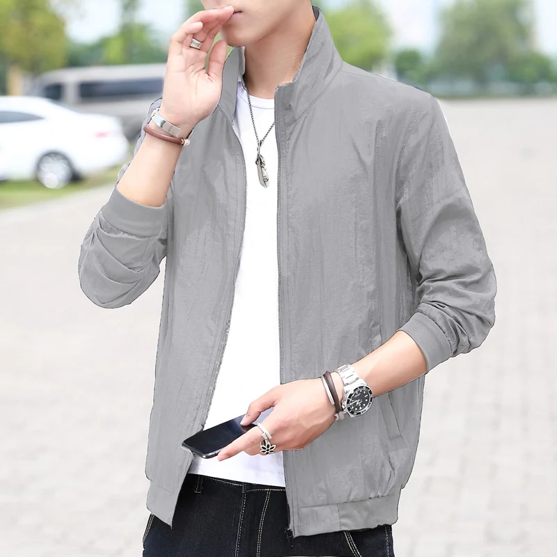 ฤดูร้อน Anti-UV Men Skin Coats Ultra-Light บางกีฬากลางแจ้งครีมกันแดดเสื้อผ้า Mens STAND COLLAR Windbreaker แจ็คเก็ตลําลอง
