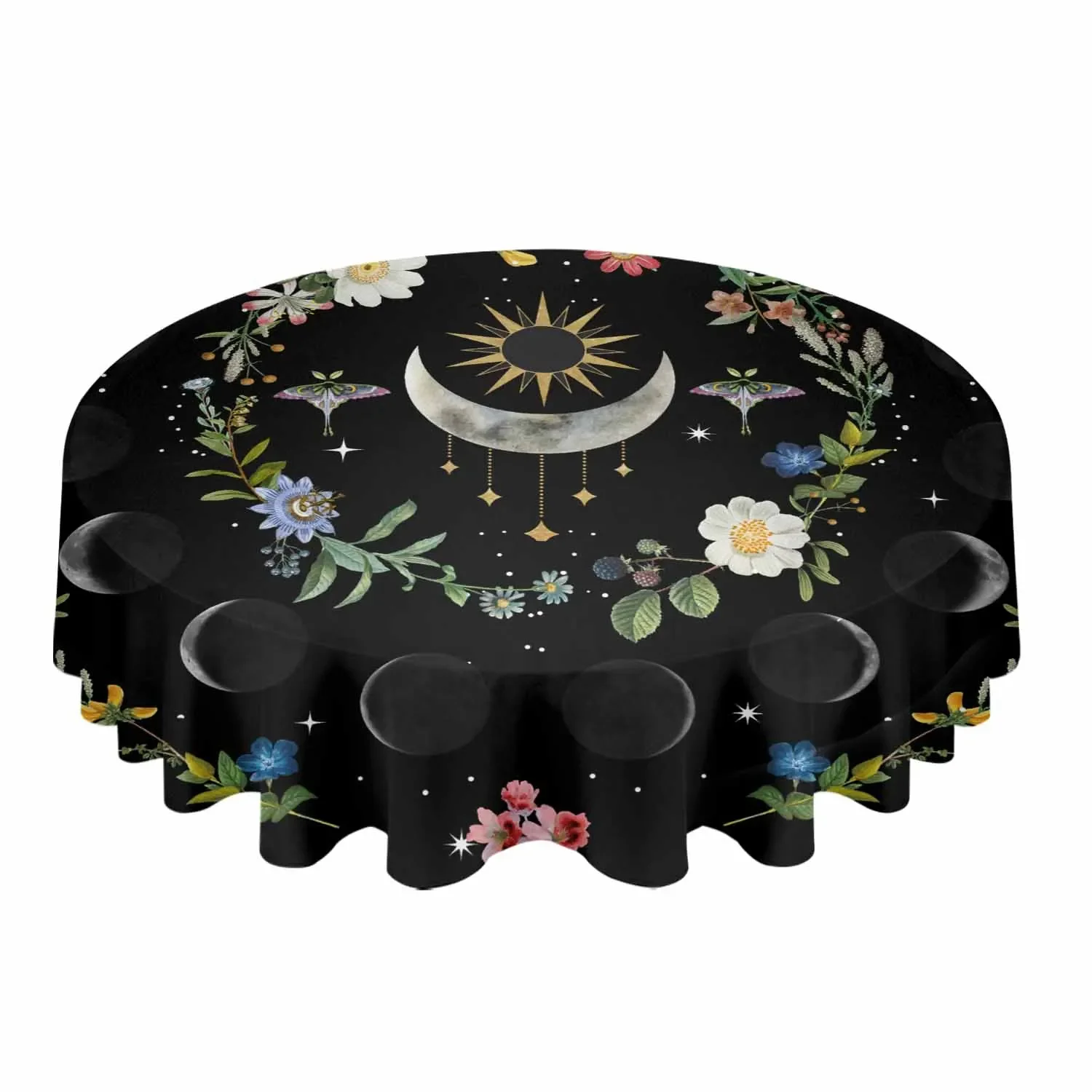 Lunar Flowers Plants Retro Stars Black Round Tablecloth Waterproof Table Cover Home Kitchen Table Cloth Dining Table Decoration