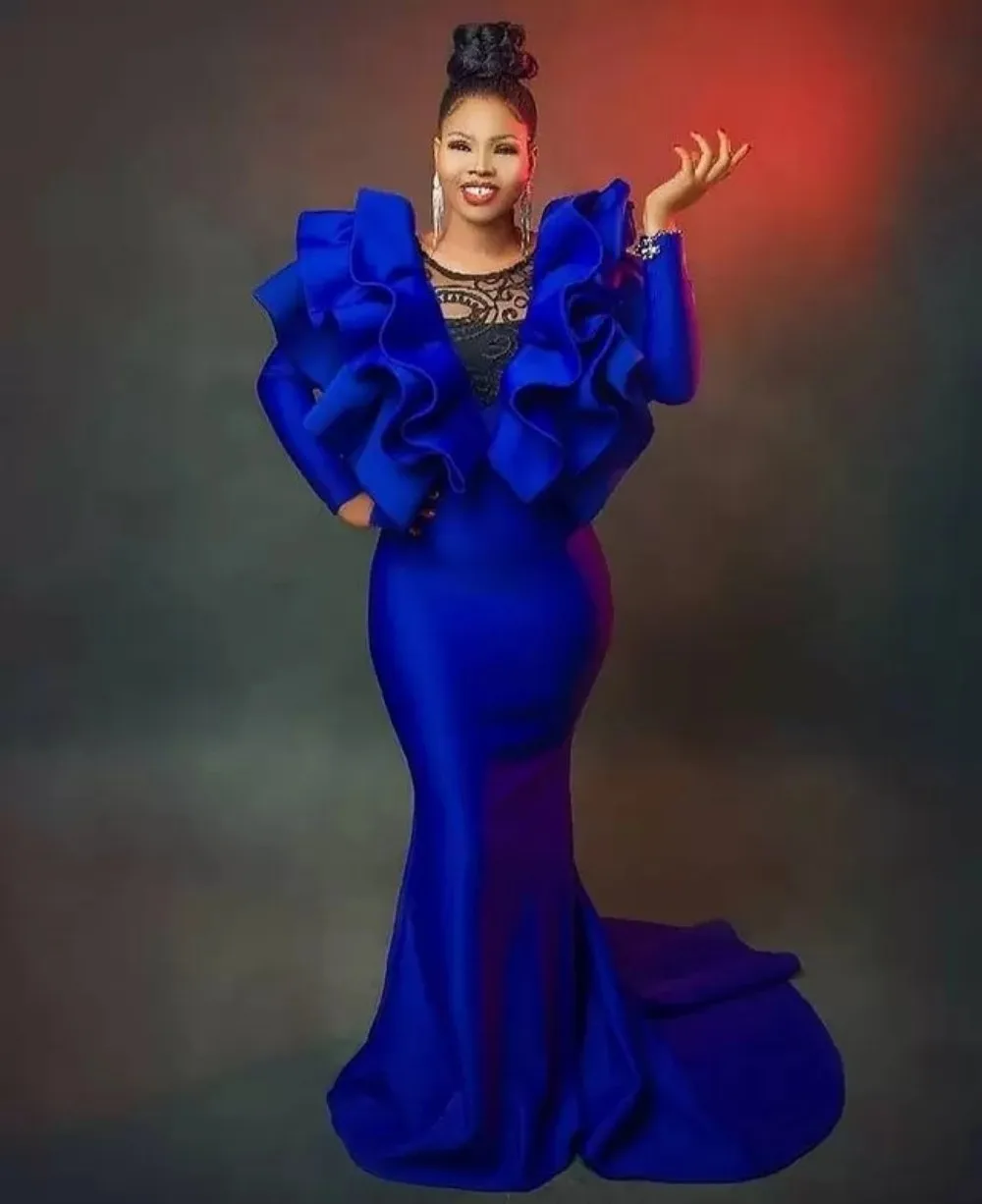 

2023 Plus Size Arabic Aso Ebi Royal Blue Mermaid Prom Dresses Lace Long Sleeves Ruffles Satin Evening Formal Party Gowns Custom