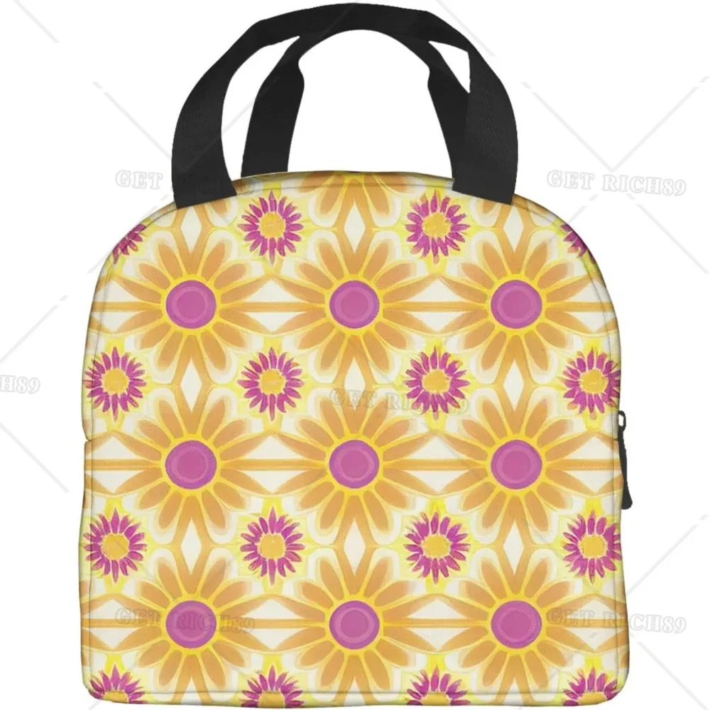 Orange and Yellow Flower Print Reusable Leakproof Lunch Box for Work Office Picnic Travel Portable Insulated Lunch Bag for Women