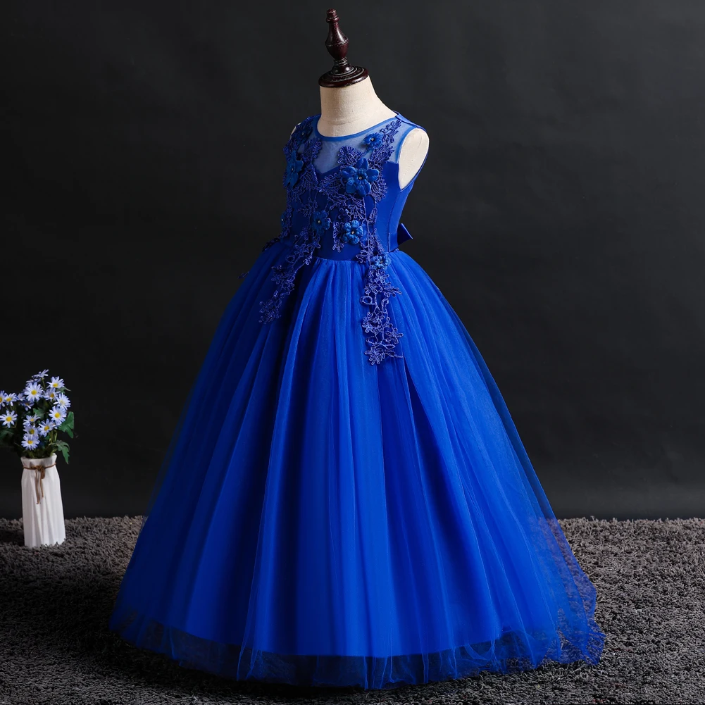 Blue New Girl Flower Long Dress Children\'s Ball Embroidered Princess Dress for 4 to 14 years Girl Party Wear