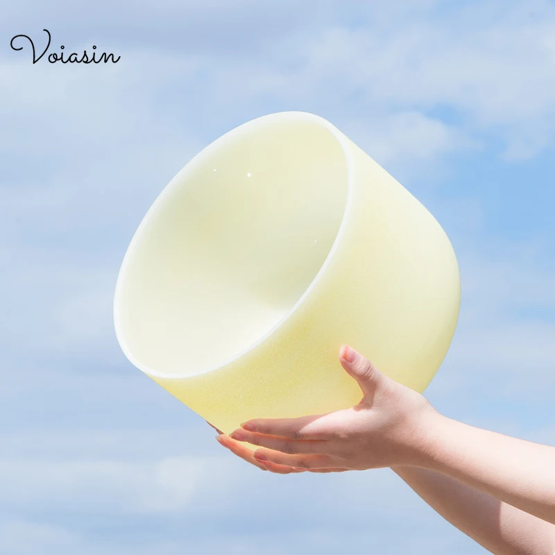 8-12inch Quartz Frosted Crystal Singing Bowl, Light Yellow, Relaxing Sounds Meditation, Voiasin 440/432hz Instruments Set