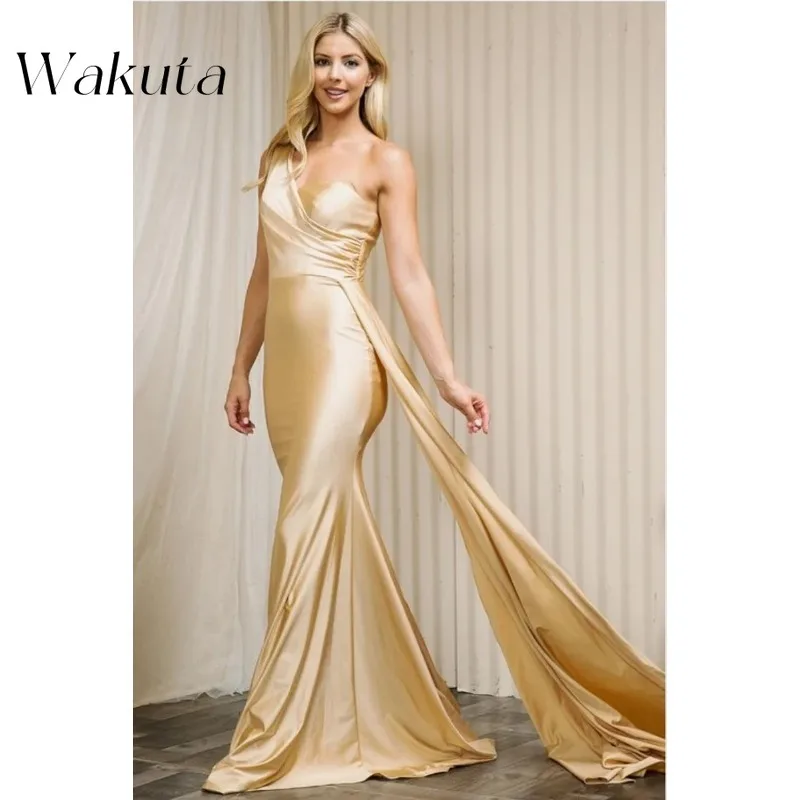 Wakuta Fashion One Shoulder Backless Long Satin Bridesmaid Wedding Dress Vintage Evening Prom Party Customize A-Line Gown 칵테일드레스