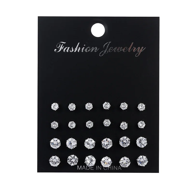 12 Pairs Shiny Zircon Stud Earrings Set for Women Men Daily Versatile Chic Silver Color Crystal Ear Jewelry Accessories