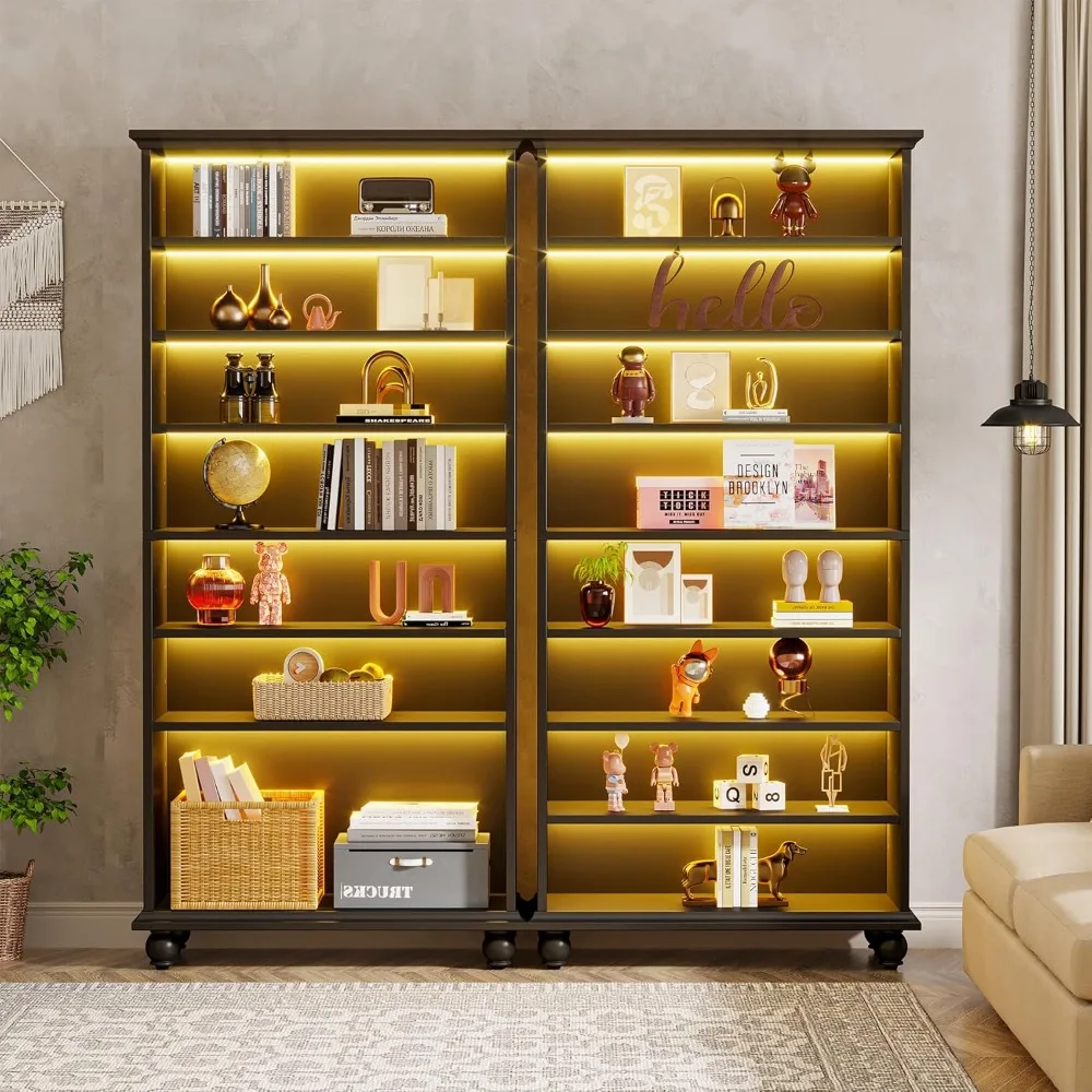 69-Inch Tall Bookcase with LED Lighting, Modern 9-Tier Freestanding Bookshelf with Solid Wood Legs, Wooden Open Display Shelf