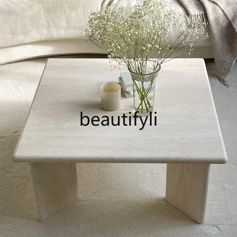 

qqNatural marble square coffee table wabi wind living room sofa cave stone edge table light luxury simple coffee table
