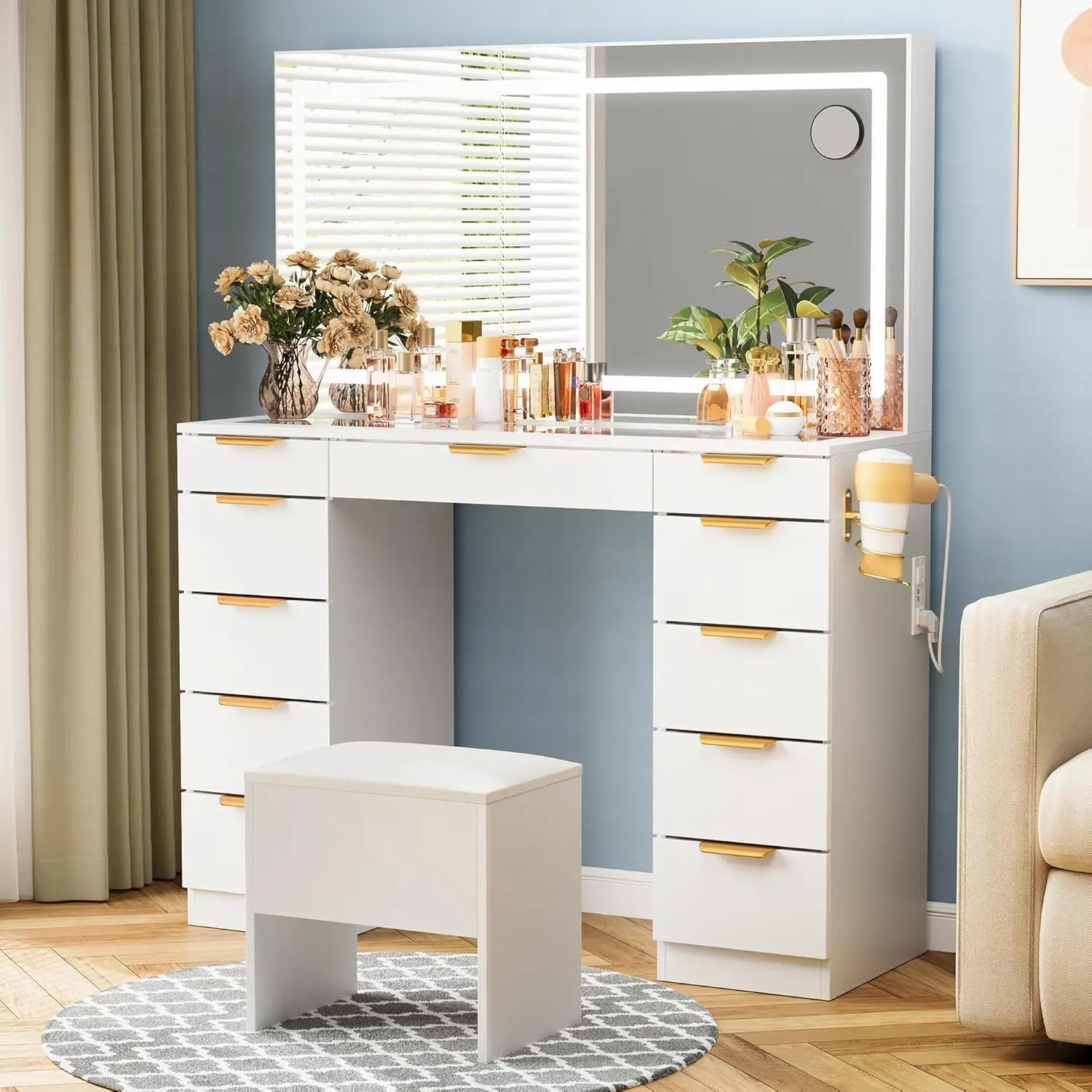 White Glass Makeup Vanity for Bedroom with 11 Drawers, Charging Station, Chair, Golden Handles & 3 Lighting Modes view 3