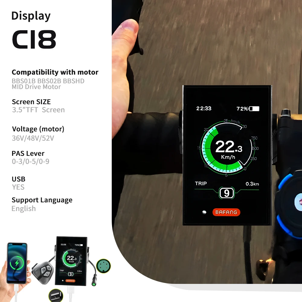 BAFANG DPC18 Original Display Electric Bike Colorful Screen USB Port For 8FUN BBS ebike Mid Motor Motor 0-9 PAS 5PIN Female UART