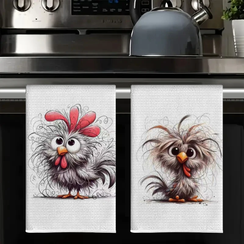 2Pcs, Cute Curly Chicken Kitchen Towels, 40Cm*60Cm Towel Set, Super Absorbent Soft Cleaning Cloth, Cooking and Baking Tea Towel, Hand Towel, Cleaning Cloth, Dishwashing Cloth, Kitchen Decoration, Living Room Decorations, Kitchen Essentials, Home Essentials