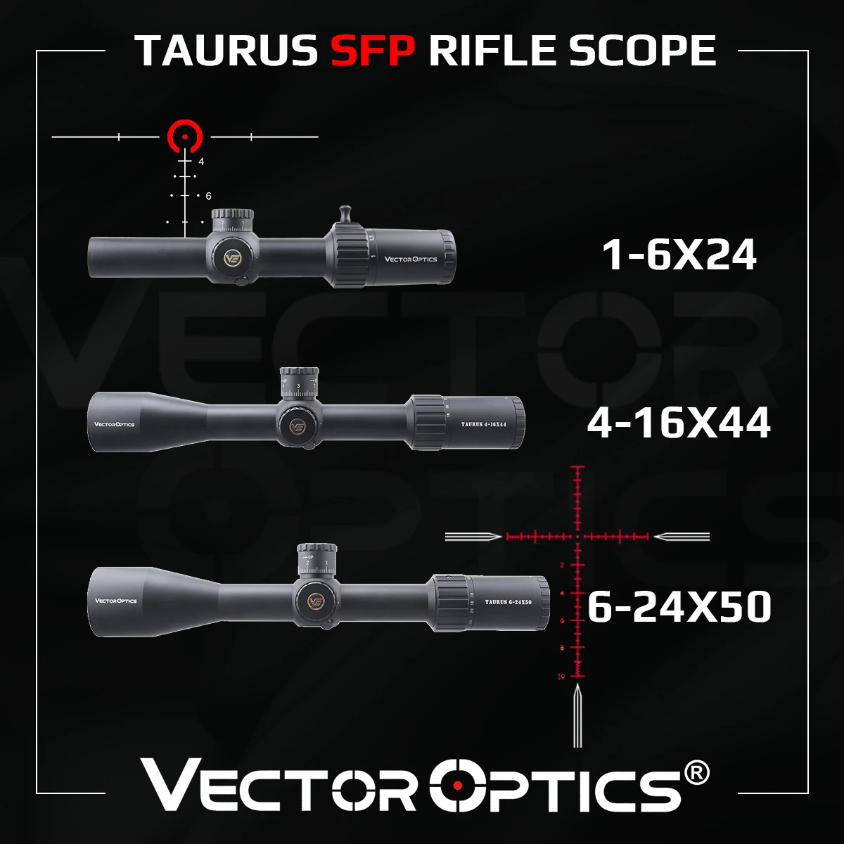 

Vector Optics Taurus 1-6x24/4-16x44/6-24x50 SFP Riflescope With HD Lens&Illumination IPX7 Waterproof Fit .223 .308 .338 Hunting