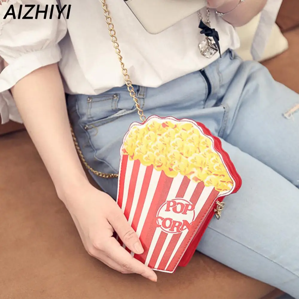 Popcorn Crossbody Bag for Woman PU Leather Chain Cluch Bag Cute Messenger Bags Handbag Purse Gift Funny Cartoon Shoulder Bags