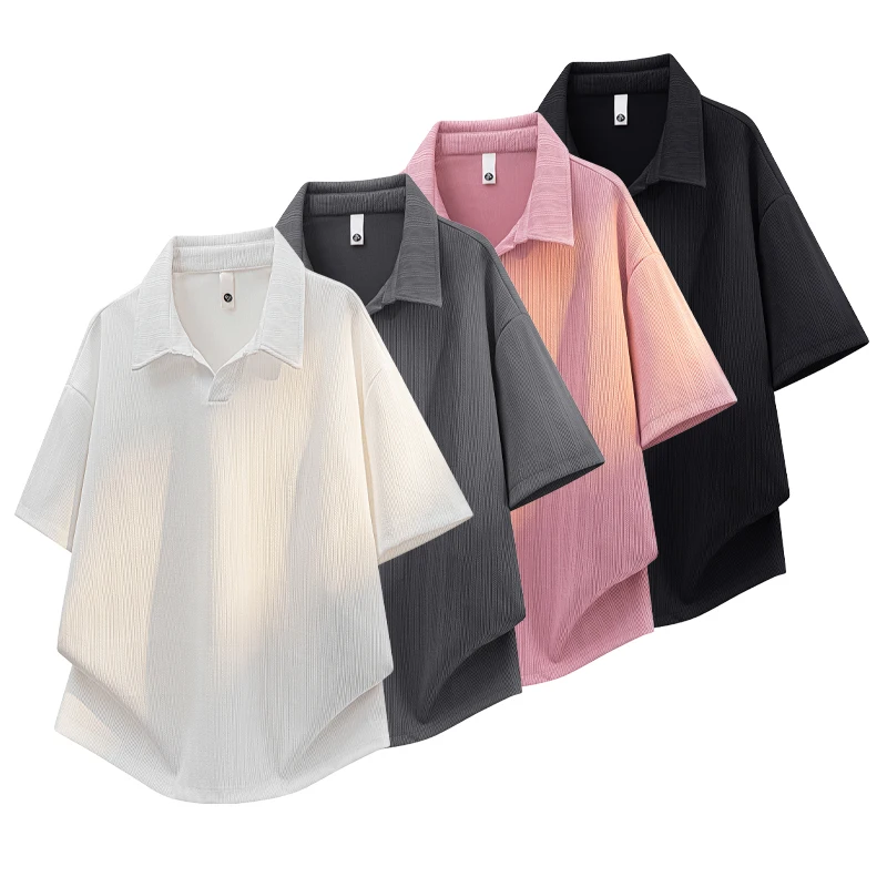 Summer New Style Men's Textured Ice Silk Short Sleeve T-Shirt with Collar and Half Sleeve